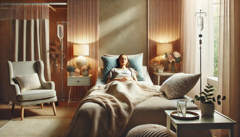 A calm, peaceful recovery room with a woman resting comfortably in bed