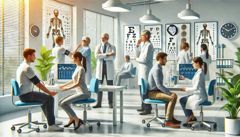 A modern medical check-up scene in a bright, well-lit doctor's office