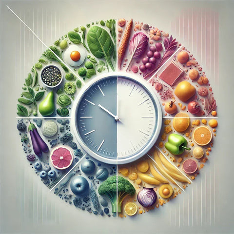 A modern, minimalist graphic representing intermittent fasting. The central focus is a sleek, well-defined clock