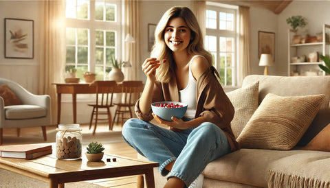 woman sitting casually at home, eating candy from a small bowl