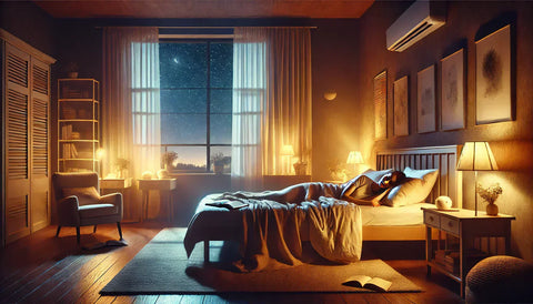 A peaceful bedroom at night with soft warm lighting featuring a cozy bed