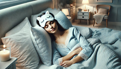 A peaceful, wide scene of a woman sleeping comfortably in bed