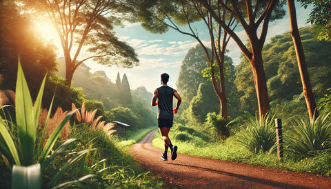 A scenic outdoor running trail with a beginner runner jogging at a comfortable pace.