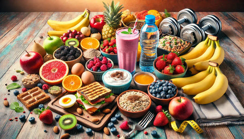 A vibrant and energetic wide-angle image showcasing a variety of healthy pre-workout and post-workout meals arranged on a wooden table