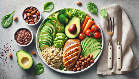 A visually appealing balanced meal on a plate, showing whole foods representing macronutrients