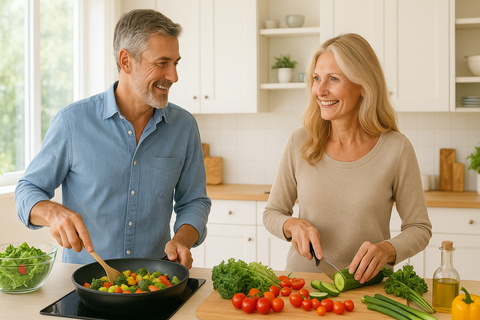 photo of an active couple (40s–50s) cooking a colorful, healthy meal together — lots of greens, vegetables, and natural light.