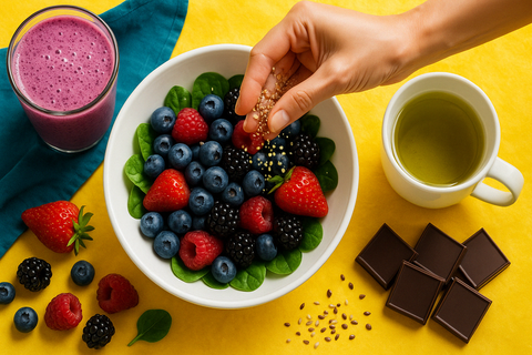 Overhead view of a vibrant bowl of mixed berries and spinach being sprinkled with seeds, alongside a tall berry smoothie, steaming cup of green tea, and dark chocolate squares on a bright yellow background