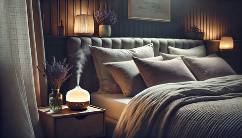 peaceful bedroom scene at night, with soft lighting