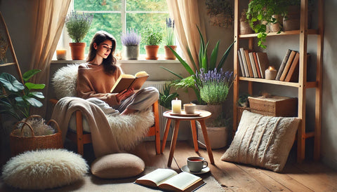 serene self-care environment featuring a cozy corner with a person reading a book