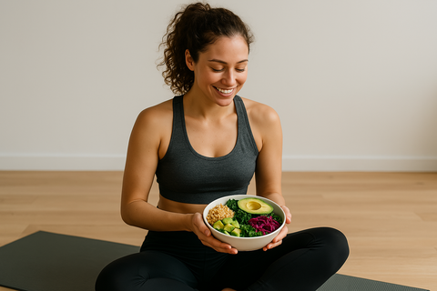 Smiling woman in workout clothes sitting on a yoga mat and holding a colorful gut-friendly power bowl with avocado, greens, and fermented vegetables.