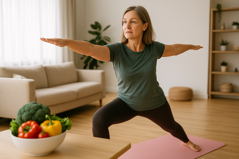 Middle-aged woman practicing the Warrior II yoga pose in a sunlit living room, with a bowl of fresh vegetables on the table in the foreground, symbolizing balance, wellness, and holistic health.