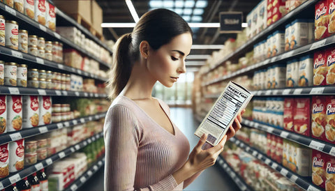 woman reading a food label in a grocery store. She is holding a packaged product and carefully examining the nutrition facts