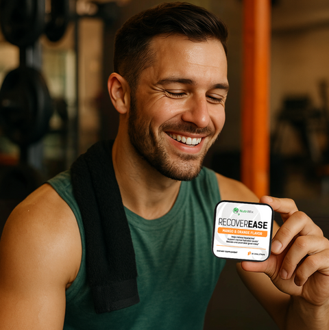 Man holding 'RecoverEase' in a gym setting