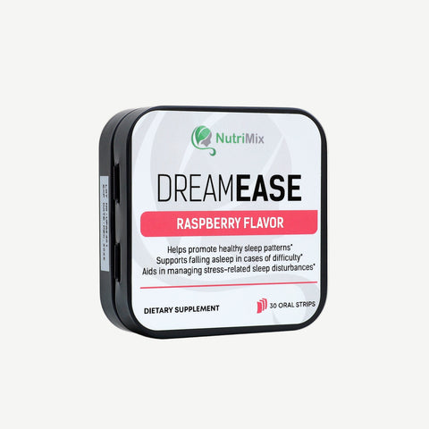 DreamEase Raspberry Melatonin & Strips – unwind naturally with valerian, lavender, chamomile & hibiscus; melt stress away, regulate your sleep‑wake cycle, and wake up refreshed and energized