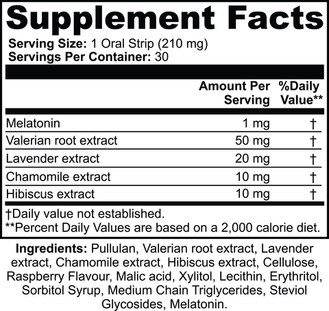 Supplement Facts for DreamEase raspberry oral strips: Serving Size 1 strip (dissolvable); Servings Per Container 30; Active per serving – Melatonin, Valerian root extract, Lavender extract, Chamomile extract, Hibiscus extract; Other ingredients and allergen-free, non-GMO