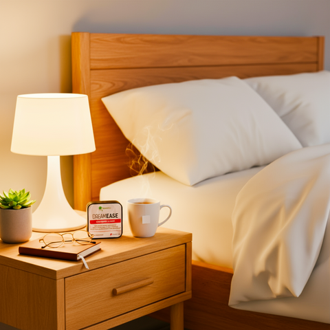 Bedroom scene with Dreamease a nightstand, lamp, mug, and book near a bed.