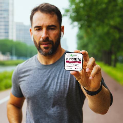 Man holding a product labeled 'REVVSTRIPS' outdoors with greenery in the background
