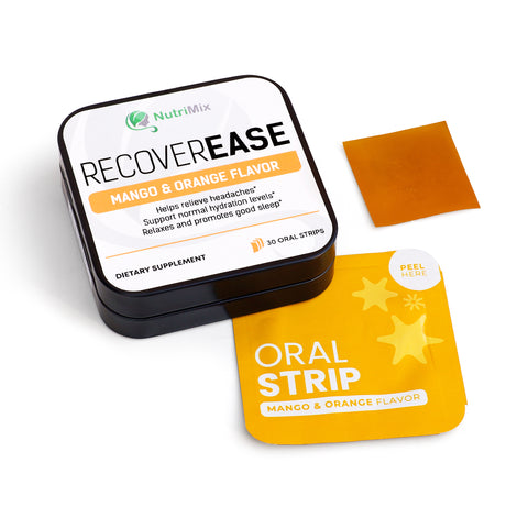 RecoverEase mango‑orange dissolvable strips for fast muscle recovery and inflammation relief.