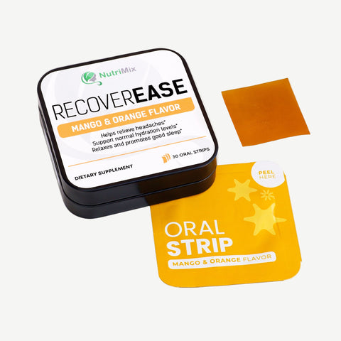 RecoverEase mango‑orange dissolvable strips for fast muscle recovery and inflammation relief.