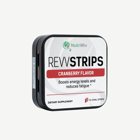 RevvStrips tin and strips displayed with icons for energy, stamina, and clarity