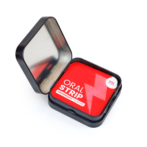 RevvStrips cranberry energy strips in packaging—portable, fast‑dissolve boost