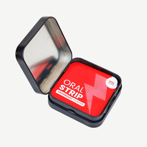 RevvStrips cranberry energy strips in packaging—portable, fast‑dissolve boost