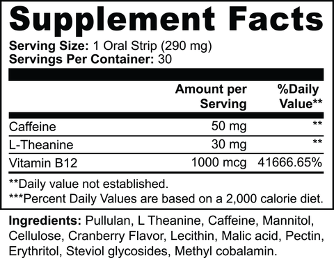 Supplement Facts panel for RevvStrips: serving size, servings per container, caffeine, L-Theanine, and vitamin B12