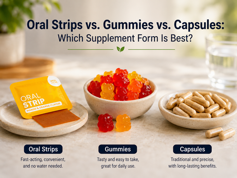 Real-life comparison of oral strips, gummy supplements, and capsules on a clean kitchen countertop, illustrating different supplement forms for daily wellness use.