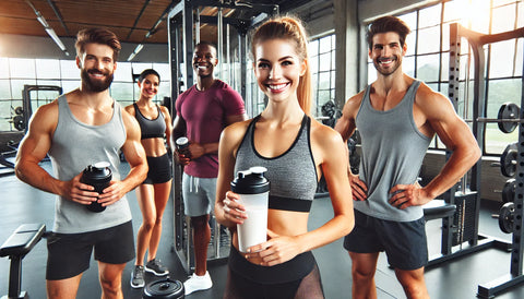 people getting ready to exercise in a gym. They should be shown holding or drinking protein shakes