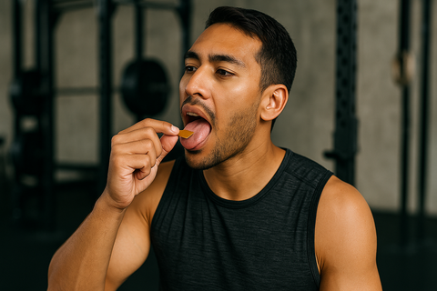 Fit athlete placing a RecoverEase oral recovery strip on his tongue in a gym setting to reduce post‑workout soreness
