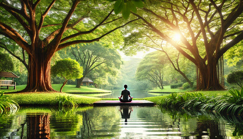 serene nature scene with a person practicing mindfulness meditation in a peaceful park.