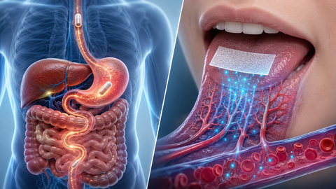 Wide medical illustration comparing traditional capsule digestion through the stomach, intestines, and liver with fast sublingual oral strip absorption under the tongue directly into the bloodstream.