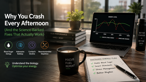 A wide workspace scene illustrating afternoon energy management, featuring a laptop with energy graphs, coffee mug, notebook, and visual icons representing blood sugar swings, adenosine buildup, cortisol decline, and neurotransmitter depletion.