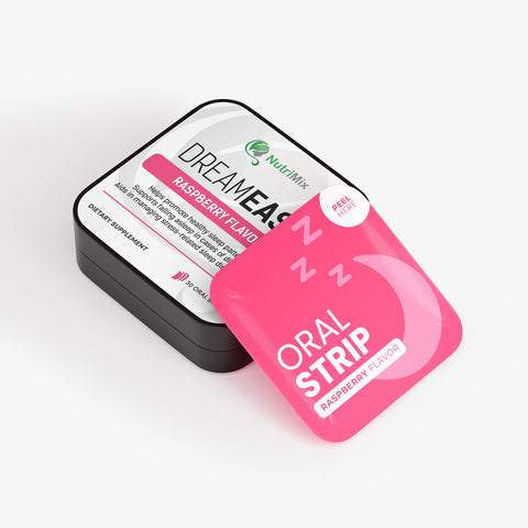 Pink oral strip packaging with 'DreamEas' branding on a white background