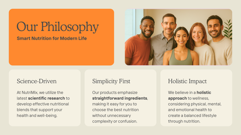 NutriMix brand philosophy with a family photo and text about smart nutrition.