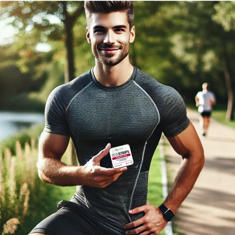 Smiling man outdoors in an active park setting holding a container of NutriMix RevvStrips, an energy-boosting supplement designed to enhance focus and vitality, ideal for staying energized during workouts or daily activities