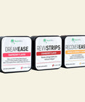 Three tins of NutriMix supplements, labeled 'DREAMEASE', 'REVSTRIPS', and 'RECOVEREASE', each with a different flavor: raspberry, cranberry, and orange & mango.