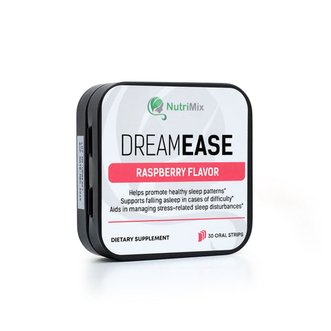 DreamEase Raspberry Melatonin & Strips – unwind naturally with valerian, lavender, chamomile & hibiscus; melt stress away, regulate your sleep‑wake cycle, and wake up refreshed and energized