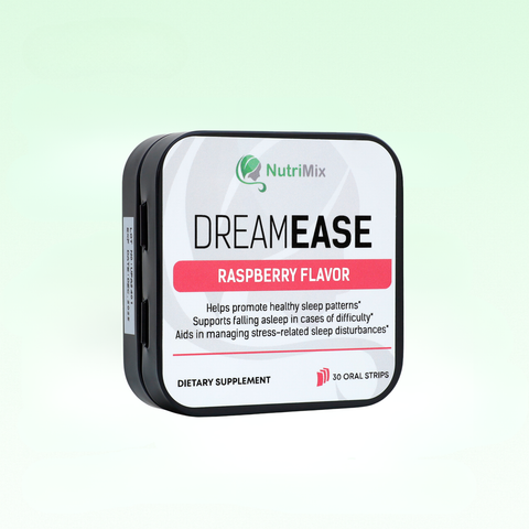 NutriMix DreamEase Raspberry Flavor dietary supplement packaging on a light green background