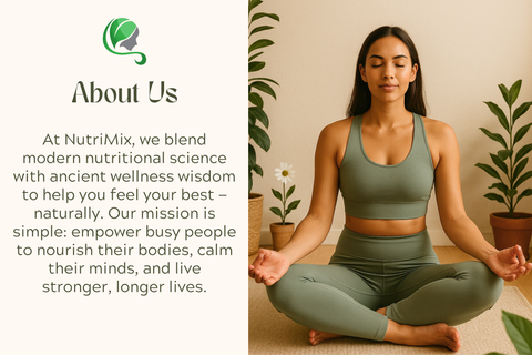 Woman in green athletic wear meditating with NutriMix logo and mission statement text on a beige background.
