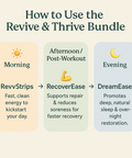 Instructions on how to use the Revive & Thrive Bundle with time-based usage recommendations.