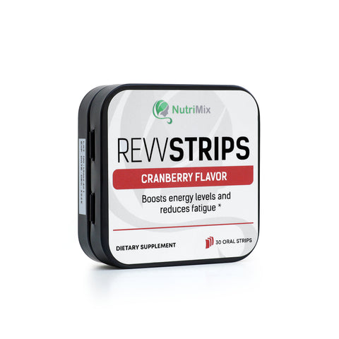 RevvStrips tin and strips displayed with icons for energy, stamina, and clarity