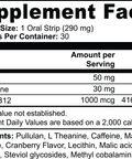 Supplement Facts panel for RevvStrips: serving size, servings per container, caffeine, L-Theanine, and vitamin B12