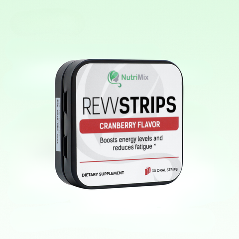 NutriMix REVVSTRIPS Cranberry Flavor dietary supplement on a light green background